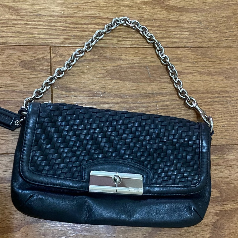 Coach Black Woven Leather Wristlet with Silver Accents